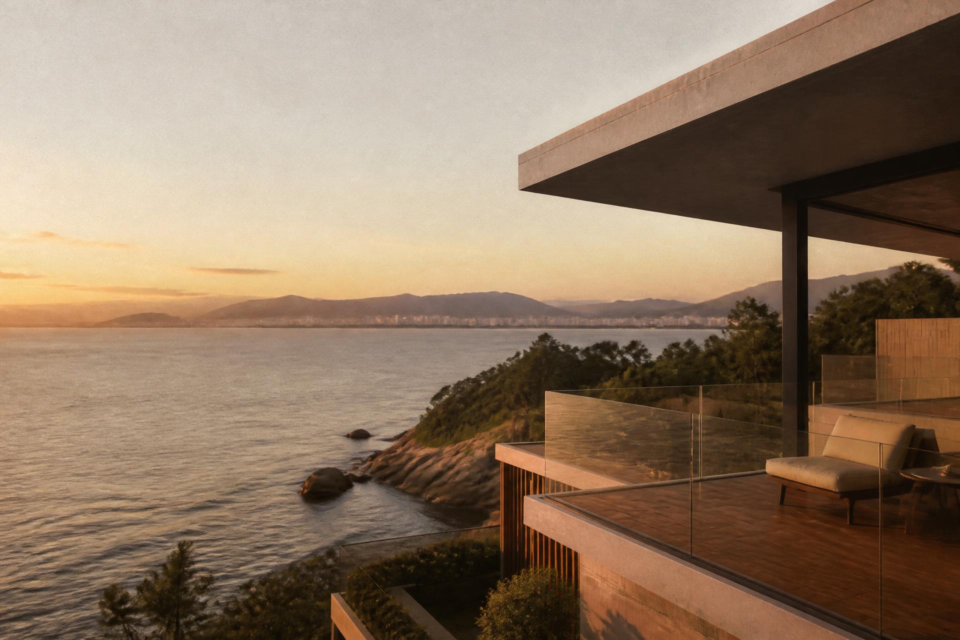 Varanda contemporânea com vista para o mar no litoral de Santa Catarina